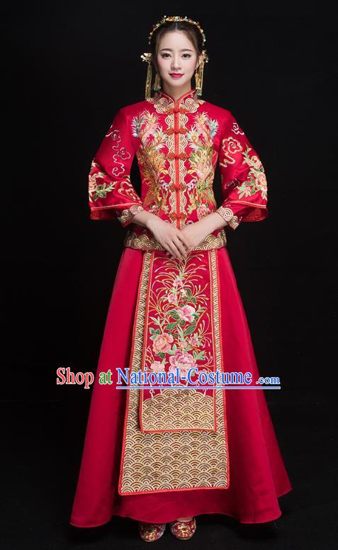 Chinese Ancient Embroidered Phoenix Peony Wedding Costumes Bride Formal Dresses Red XiuHe Suit for Women