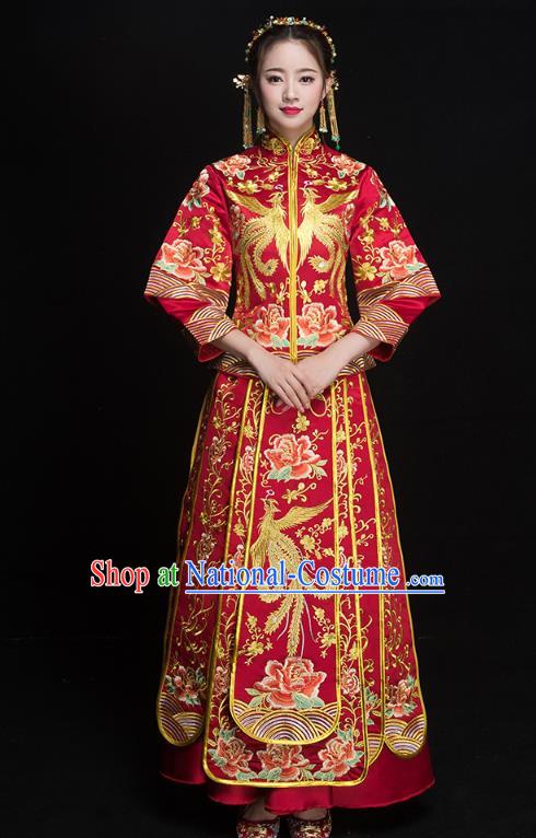 Chinese Ancient Wedding Costumes Bride Formal Dresses Embroidered Phoenix Peony Red XiuHe Suit for Women