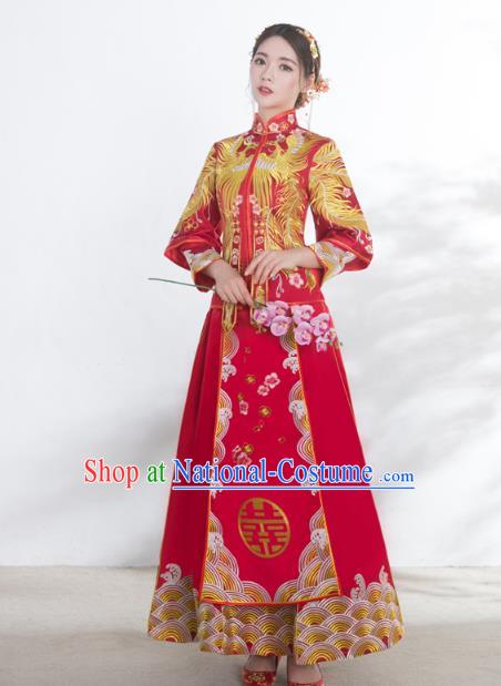 Chinese Ancient Wedding Costumes Bride Formal Dresses Embroidered Phoenix Red XiuHe Suit for Women