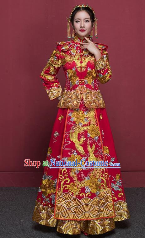 Chinese Ancient Wedding Costumes Bride Trailing Formal Dresses Embroidered Phoenix Red XiuHe Suit for Women