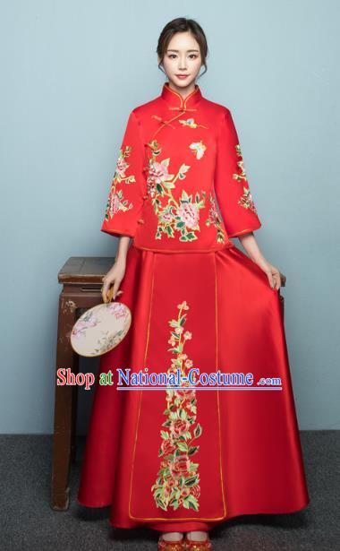 Chinese Ancient Wedding Costumes Bride Formal Dresses Embroidered Peony Butterfly XiuHe Suit for Women