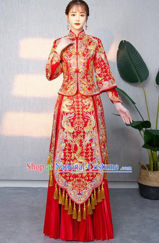 Chinese Ancient Bottom Drawer Traditional Wedding Costumes Embroidered Dragon Phoenix Red XiuHe Suit for Women