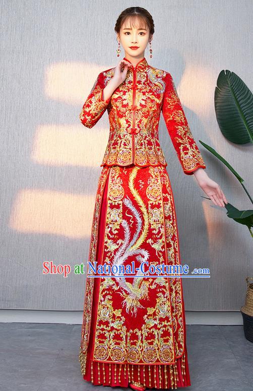 Chinese Ancient Bottom Drawer Traditional Wedding Costumes Embroidered Phoenix Red XiuHe Suit for Women