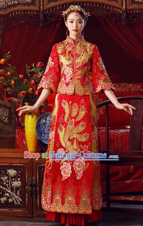 Chinese Ancient Bottom Drawer Traditional Wedding Costumes Embroidered Phoenix Peony Slim XiuHe Suit for Women