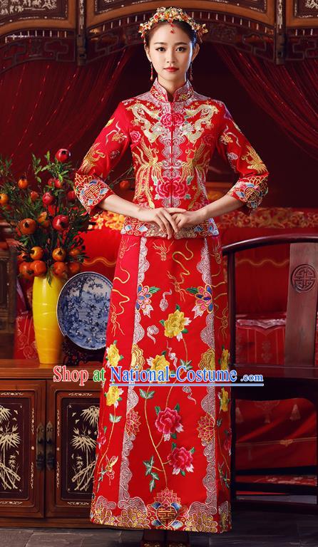 Chinese Ancient Bottom Drawer Traditional Wedding Costumes Embroidered Peony Slim XiuHe Suit for Women