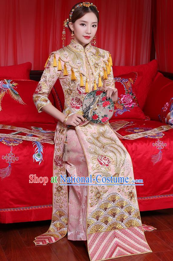 Traditional Chinese Embroidered Phoenix Peony Slim Pink XiuHe Suit Wedding Costumes Full Dress Ancient Bottom Drawer for Bride