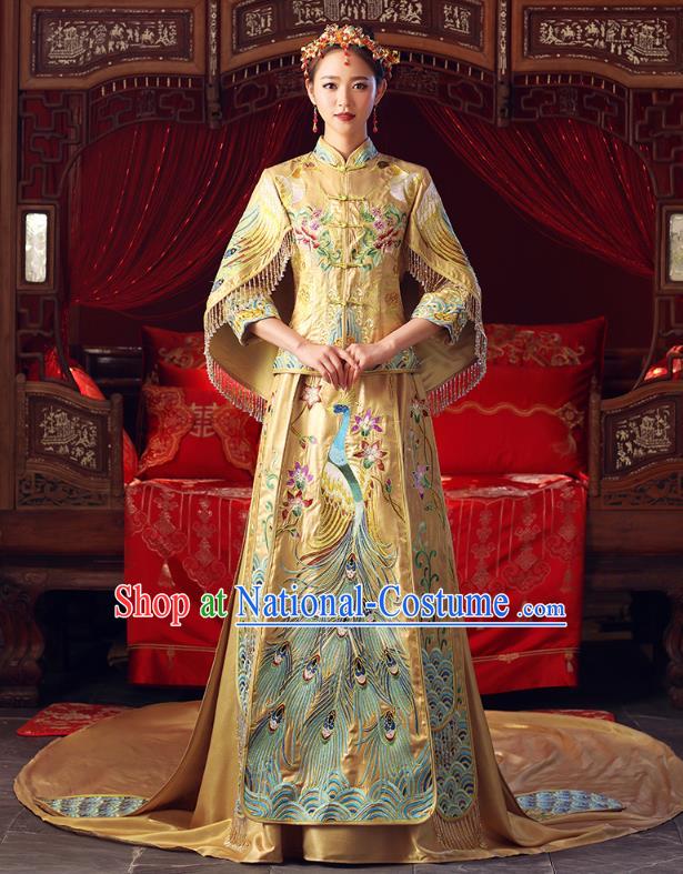 Chinese Ancient Bottom Drawer Traditional Wedding Costumes Embroidered Trailing Golden XiuHe Suit for Women