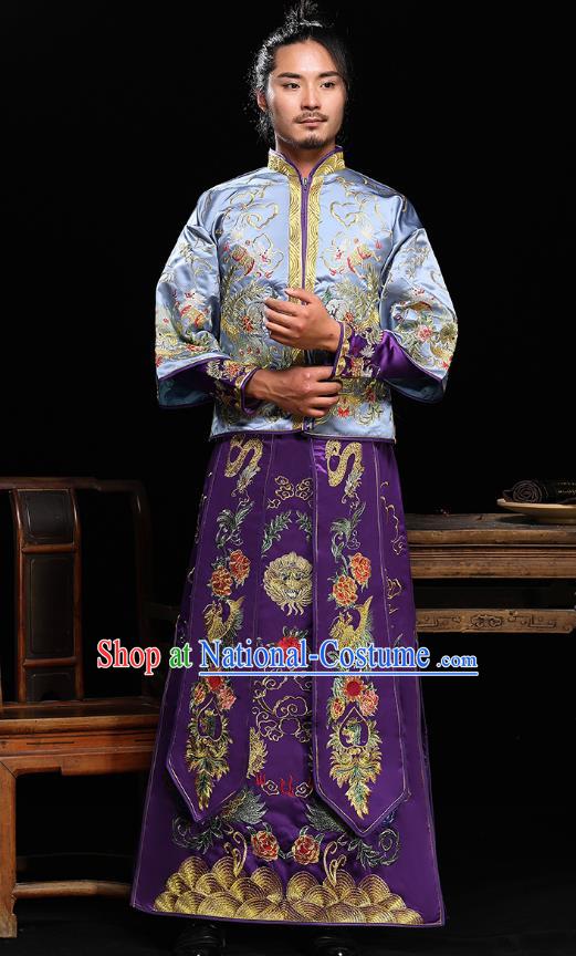 Traditional Ancient Chinese Wedding Purple Costumes Bridegroom Embroidered Tang Suit for Men