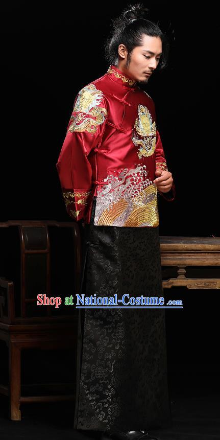 Traditional Ancient Chinese Wedding Red Costumes Bridegroom Embroidered Dragon Tang Suit for Men