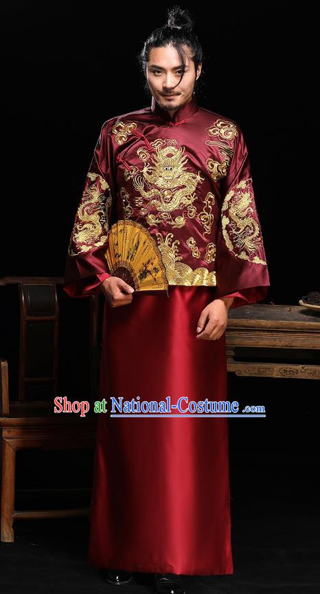 Traditional Ancient Chinese Wedding Wine Red Costumes Bridegroom Embroidered Dragon Tang Suit for Men