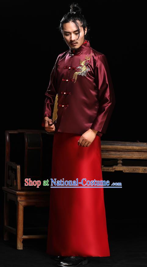 Ancient Chinese Wedding Wine Red Costumes Traditional Bridegroom Embroidered Tang Suit for Men