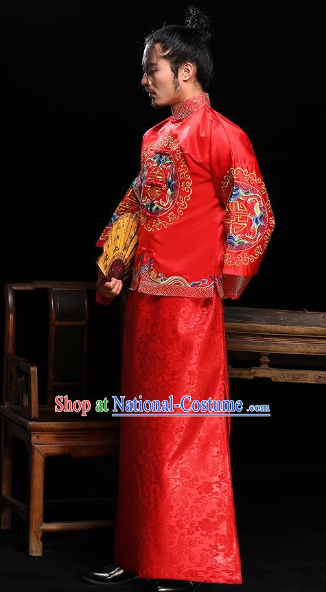 Ancient Chinese Wedding Red Costumes Traditional Bridegroom Embroidered Tang Suit for Men