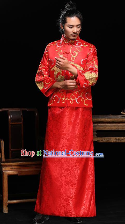 Ancient Chinese Wedding Red Toast Costumes Traditional Bridegroom Embroidered Tang Suit for Men