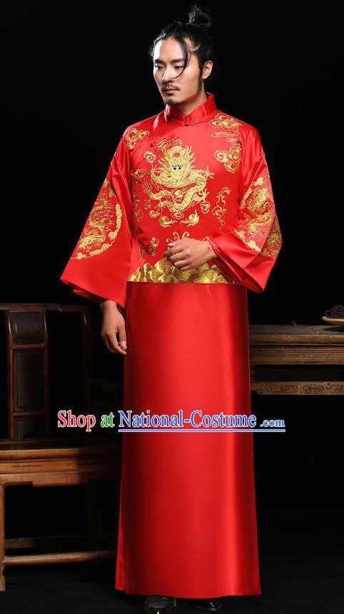 Ancient Chinese Wedding Red Toast Costumes Traditional Bridegroom Embroidered Tang Suit Long Robe for Men