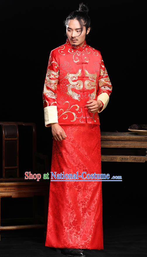 Ancient Chinese Wedding Red Toast Costumes Traditional Bridegroom Tang Suit Long Robe for Men