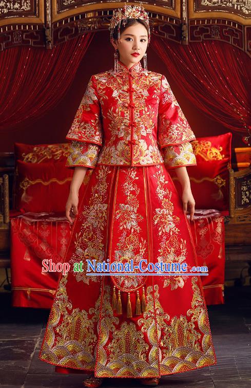 Chinese Ancient Bride Formal Dresses Embroidered Peony XiuHe Suit Traditional Wedding Costumes for Women