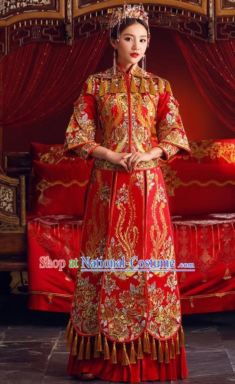 Chinese Ancient Bride Formal Dresses Embroidered Phoenix Cheongsam XiuHe Suit Traditional Wedding Costumes for Women