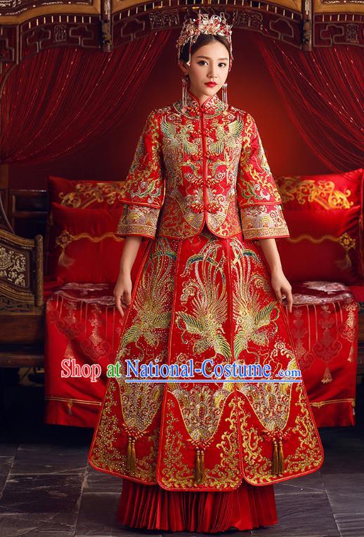 Chinese Ancient Bride Formal Dresses Embroidered Beading Cheongsam XiuHe Suit Traditional Wedding Costumes for Women