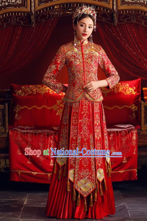 Chinese Ancient Bride Formal Dresses Embroidered Cheongsam Red XiuHe Suit Traditional Wedding Costumes for Women