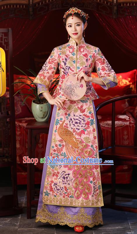 Chinese Ancient Embroidered Wedding Costumes Bride Formal Dresses Pink Toast Cheongsam XiuHe Suit for Women