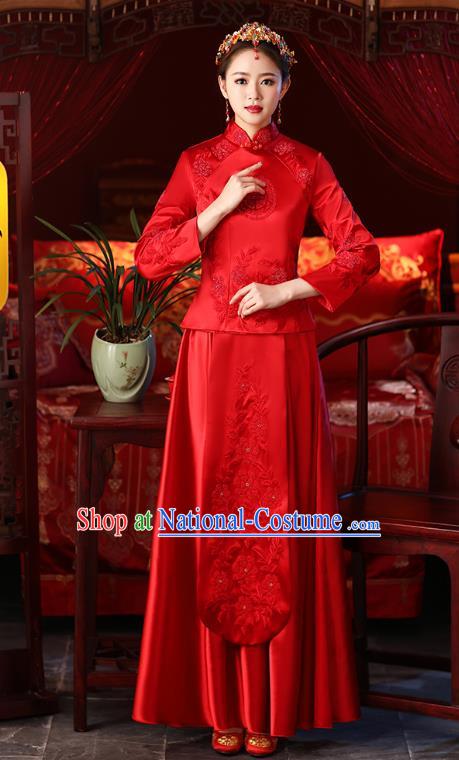 Chinese Ancient Embroidered Wedding Costumes Bride Red Formal Dresses XiuHe Suit for Women