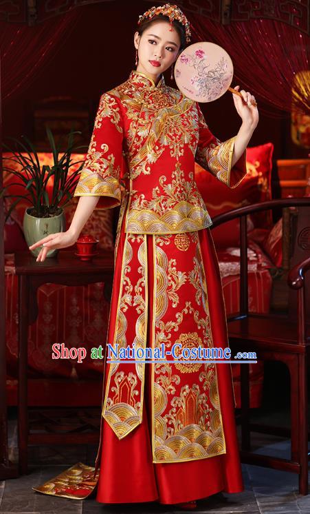 Chinese Ancient Embroidered Wedding Costumes Bride Red Trailing Formal Dresses XiuHe Suit for Women