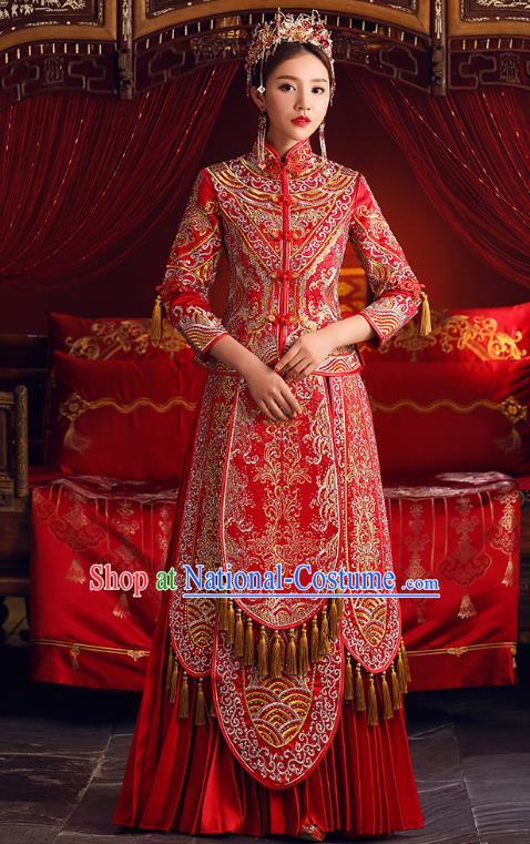 Chinese Ancient Bride Formal Dresses Embroidered Crystal Cheongsam XiuHe Suit Traditional Wedding Costumes for Women