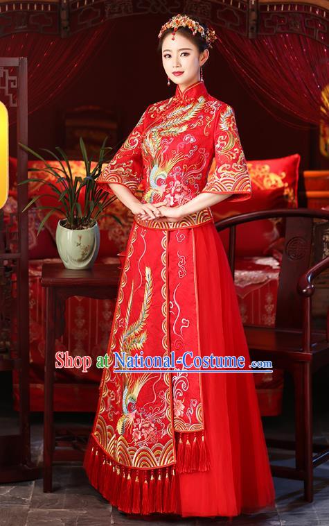 Chinese Ancient Embroidered Phoenix Wedding Costumes Bride Red Formal Dresses XiuHe Suit for Women