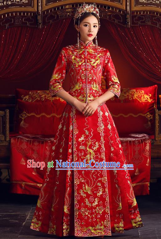 Chinese Ancient Bride Formal Dresses Cheongsam Embroidered XiuHe Suit Traditional Wedding Costumes for Women