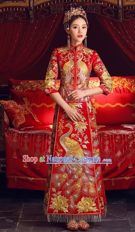 Chinese Ancient Bride Formal Dresses Cheongsam Embroidered Phoenix XiuHe Suit Traditional Wedding Costumes for Women