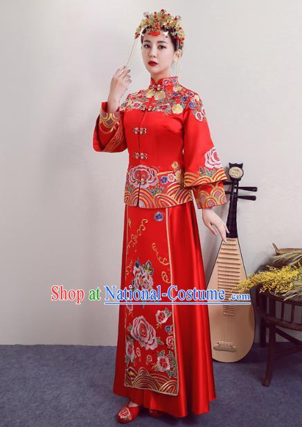 Chinese Ancient Wedding Costumes Bride Red Formal Dresses Embroidered Phoenix Peony XiuHe Suit for Women