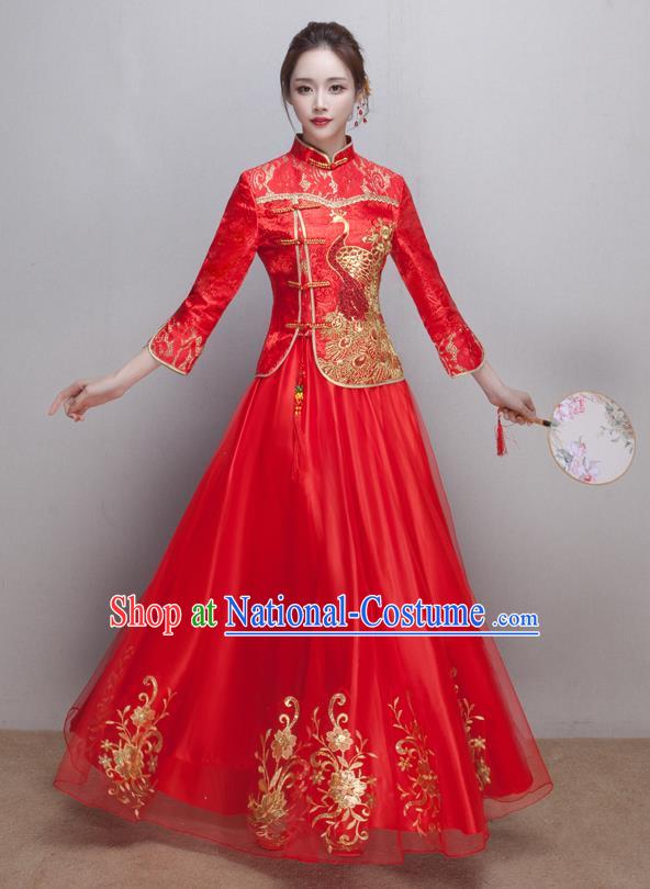 Chinese Ancient Wedding Costumes Bride Red Lace Formal Dresses Embroidered XiuHe Suit for Women