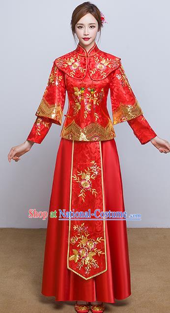 Chinese Ancient Wedding Costumes Bride Red Formal Dresses Embroidered Flowers XiuHe Suit for Women