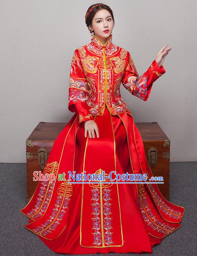 Chinese Ancient Wedding Costumes Bride Formal Dresses Embroidered Slim Red XiuHe Suit for Women