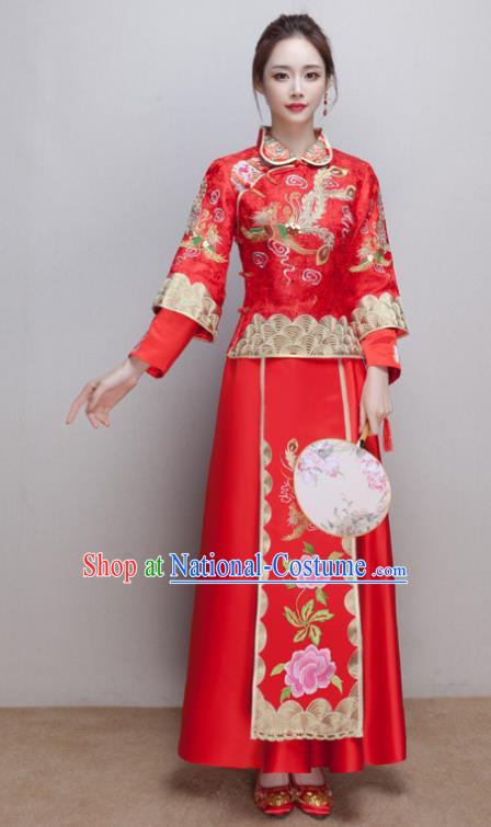 Chinese Ancient Wedding Costumes Bride Formal Dresses Embroidered Phoenix Peony Slim Red XiuHe Suit for Women