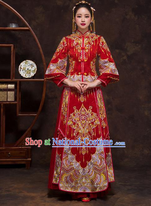 Chinese Ancient Wedding Costumes Bride Formal Dresses Embroidered Red Bottom Drawer XiuHe Suit for Women