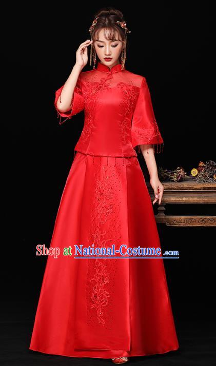 Chinese Ancient Wedding Costumes Bride Red Formal Dresses Embroidered Longfenggua XiuHe Suit for Women