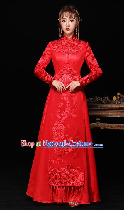 Chinese Ancient Wedding Costumes Bride Red Formal Dresses Embroidered Slim Longfenggua XiuHe Suit for Women