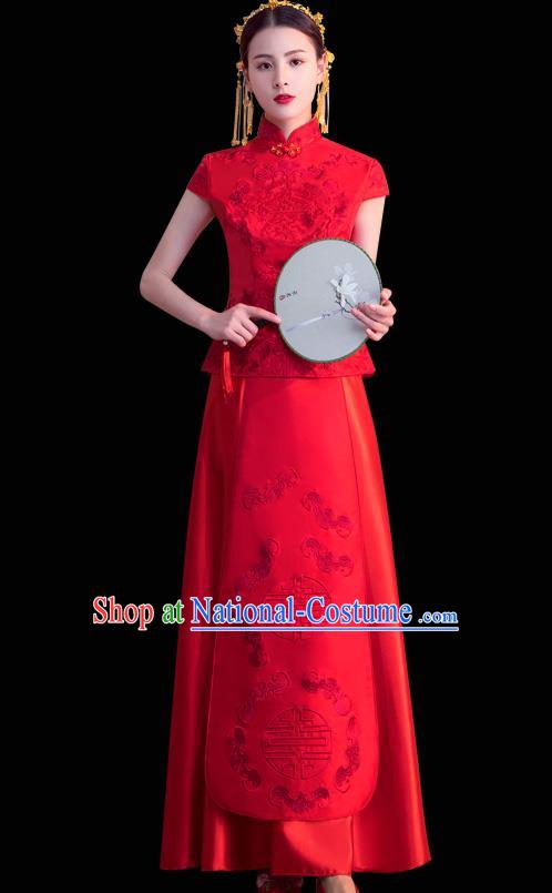 Chinese Ancient Wedding Costumes Bride Formal Dresses Embroidered Toast Cheongsam XiuHe Suit for Women