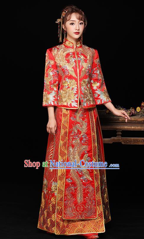 Chinese Ancient Bride Formal Dresses Wedding Costume Embroidered Phoenix Trailing Cheongsam Red XiuHe Suit for Women