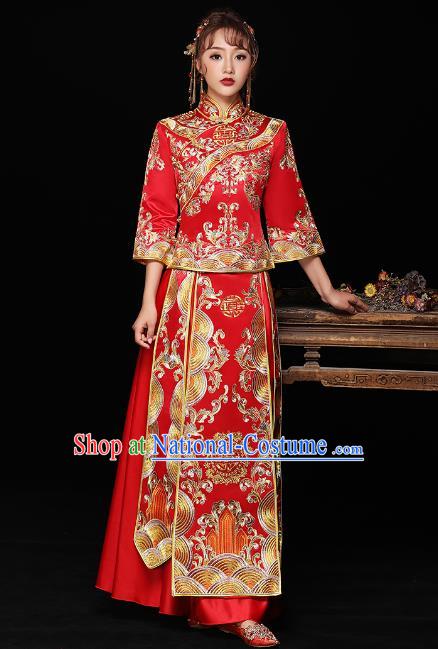 Chinese Ancient Bride Formal Dresses Wedding Costume Embroidered Red Cheongsam XiuHe Suit for Women