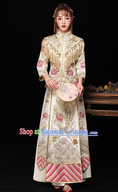 Chinese Ancient Bride Formal Dresses Wedding Costume Embroidered White Cheongsam XiuHe Suit for Women