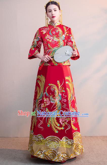 Chinese Ancient Bride Red Formal Dresses Wedding Costume Embroidered Cheongsam XiuHe Suit for Women