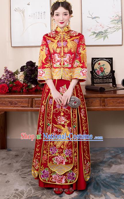 Chinese Ancient Bride Red Formal Dresses Wedding Costume Embroidered Phoenix Cheongsam XiuHe Suit for Women