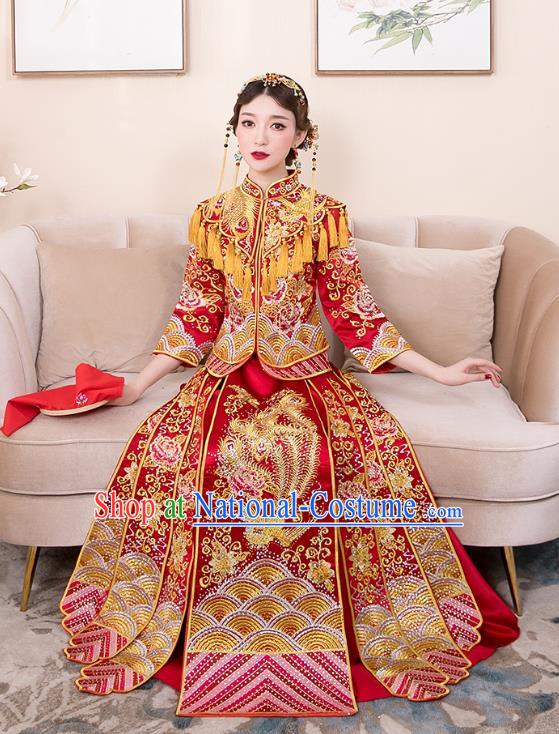 Chinese Ancient Bride Red Formal Dresses Wedding Costume Embroidered Cheongsam XiuHe Suit for Women