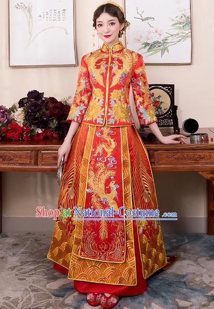 Chinese Ancient Bride Red Trailing Formal Dresses Wedding Costume Embroidered Phoenix Cheongsam XiuHe Suit for Women