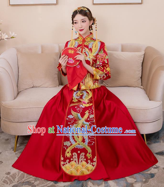 Chinese Ancient Bride Formal Dresses Wedding Costume Embroidered Phoenix Longfenggua XiuHe Suit for Women