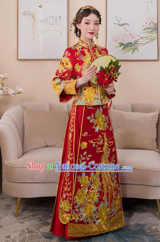 Chinese Ancient Bride Formal Dresses Wedding Costume Embroidered Phoenix Peony Longfenggua XiuHe Suit for Women