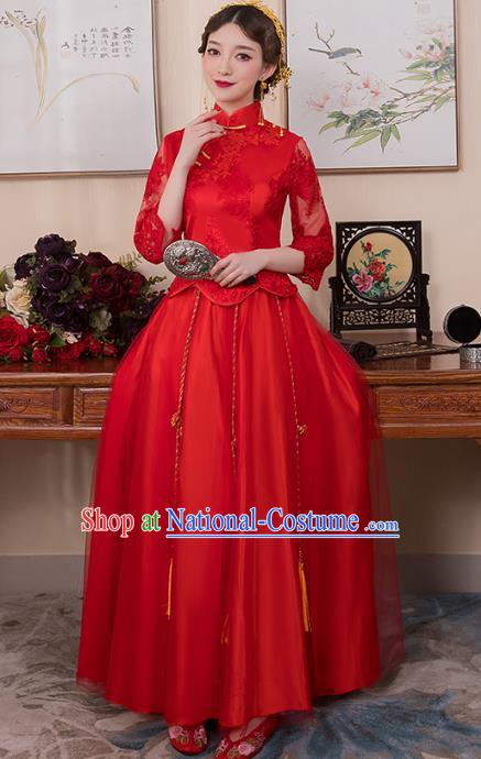 Chinese Ancient Bride Formal Dresses Wedding Costume Embroidered Red Lace Longfenggua XiuHe Suit for Women