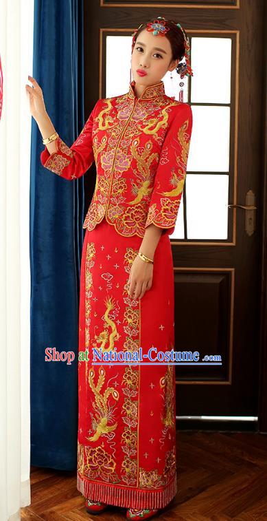 Chinese Ancient Bride Formal Dresses Wedding Costume Embroidered Dragon Phoenix Longfenggua XiuHe Suit for Women